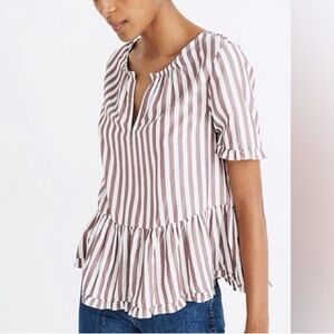 Madewell Stanza Ruffle-Hem Top in Deep Wine and White Stripes